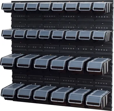 Produktbild von Stapelboxen Set 4 x Wandregal  Lagersystem + 28 Boxen schwarz