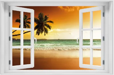 Produktbild von Wallario Wandbild mit Fenster-Illusion: Palmen am Sandstrand bei untergehender Sonne, Größe: 61 x 91,5 cm, Poster mit weißem Aluminiumrahmen
