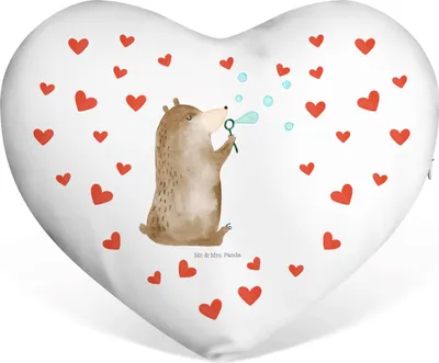 Produktbild von Mr. & Mrs. Panda Kuschelkissen Bär Seifenblasen - Weiß - Geschenk, Liebe Kissen, dekoartikel, Dekokissen, Sofakissen, Teddy, Herz, Lustig Sein Glücklich Traurig Happy