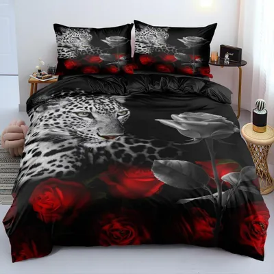 Obrázek produktu pro Sada povlečení 200x200 cm, 3D leopardí motiv, červená barva, mikrovlákno, 3dílná sada se zipem