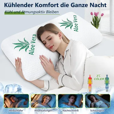 Imagen del producto de Almohada de espuma viscoelástica con efecto refrescante, de 40x80 cm, con aloe vera, transpirable y con soporte para el cuello
