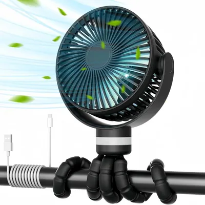 Produktbild von 8000-mAh tragbarer Ventilator mit Nachtlicht und flexiblem Ständer, 360° Drehung, 27 Stunden Akkulaufzeit, abnehmbar, vier Windgeschwindigkeiten, USB