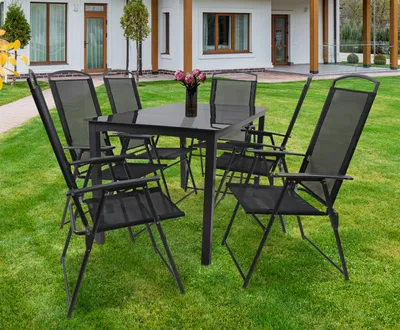 Produktbild von VCM 7-tlg Gartenmöbel Set | Sitzgruppe Essgruppe | 1x Tisch, 6x Stühle | Tisch Maße ca. H. 76 x B. 140 x T. 80 cm | Hochlehner Set 140S