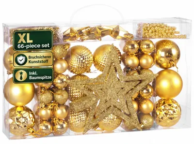 Produktbild von DEUBA® Weihnachstkugeln 66tlg Ø 3-6cm Kunststoff matt glänzend Christbaumkugeln Christbaumschmuck Anhänger Weihnachtsbaumkugeln Weihnachtsdeko Gold, KI-generiertes Bild
