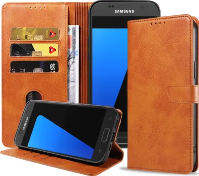 Zdjęcie produktu dla Etui na telefon Samsung Galaxy S7 Edge ze sztucznej skóry z magnetyczną wargą i uchwytem na karty Etui z klapką - brązowe - Smartphonics