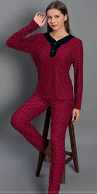 Produktbild von Damen Pyjama Schlafanzug Rot XL Viskose Lang Warm 2-Teiler Set S-99