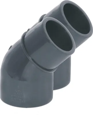 Produktbild von HAF 2x PVC Fittings Winkel 45° reduziert mit 50mm x 40/50mm | Klebemuffe x Klebemuffe/Klebestutzen | Winkelverbinder aus grauem PVC-U | PN16 für Rohr