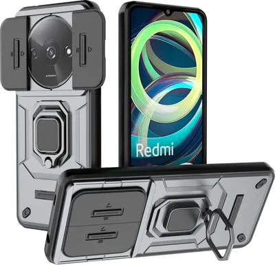 Produktbild von Hülle für Xiaomi Poco C61 / Redmi A3 Dual Layer Handyhülle Schiebe Kamera Schutz und Ringhalter Ständer Grau