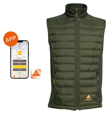 Obrázok produktu pre Alpenheat vyhrievaná vesta "Fire-Air", veľkosť XS, 4 úrovne vyhrievania, doba vyhrievania 2–8,5 hodiny, ovládanie cez aplikáciu, s batériou, olivová farba, 1 kus.