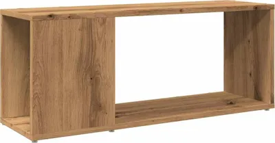 A wooden TV cabinet with two compartments, one open and one closed.