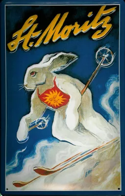 Produktbild von Blechschild Nostalgieschild St. Moritz Skihase Schweiz