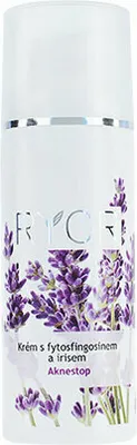 A bottle of Ryor Aknestop cream with lavender illustration.