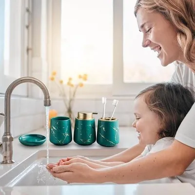 Image de Ensemble d'accessoires de salle de bain en marbre - Ensemble complet de 4 pièces en céramique, accessoires de salle de bain omprenant un distributeur de savon, un porte-brosses à dents, un gobelet et un porte-savon (vert foncé (4 pièces))
