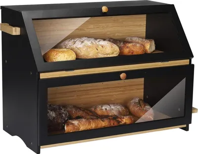 Produktbild von Brotkasten Bambus 2 Etagen Brotschneidebrett lebensmittelecht pflegeleicht 50x25x37cm Schwarz