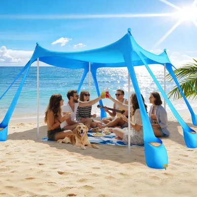 Imagen del producto de Toldo pop-up, 3 x 3 metros, color azul cielo, con protección solar UPF 50+ para la playa