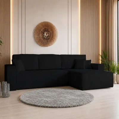 Produktbild von GOLDSTOFF Ecksofa mit Schlaffunktion und Bettkasten | Ecksofa L-Form für Wohnzimmer | Cord Sofa mit Liegefläche 230x147cm | Schlafsofa (Schwarz)