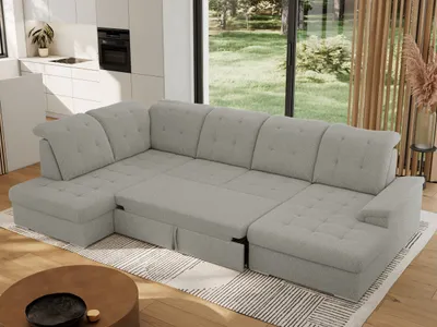 Produktbild von MKS MEBLE Ecksofa Wohnlandschaft U-Form, Sofa mit Schlaffunktion, Schlafsofa mit bettkasten, Couch mit Schlaffunktion - Hellgrau Boucle - Madrito U - links