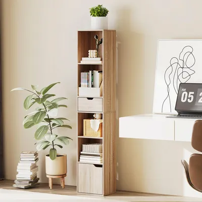 Produktbild von Schmales Bücherregal mit Schublade und Schrank, 30x24x158 cm, Holz Natur
