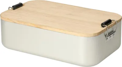 A silver rectangular storage container with a wooden lid and black clasps.