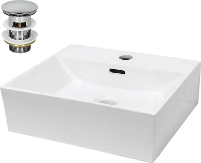 Produktbild von LuxeBath Waschbecken Aufsatzwaschbecken Eckig, 41,5x36x13 cm, Weiß, aus Keramik, inkl. Ablaufgarnitur mit Überlauf