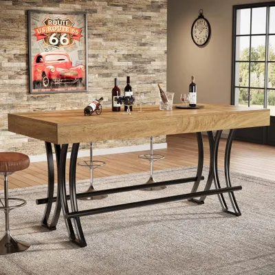 Image de Table de bar - Hauteur de comptoir - 160 x 70 x 90 cm - Rectangulaire - Repose-pieds en métal - Pour 6 personnes - Style industriel - Marron