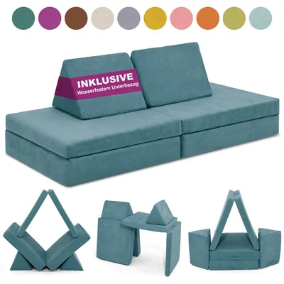 Produktbild von Linodino Spielsofa - Kindersofa | Kinder Couch als Kuschelecke und Indoor Spielplatz | Kinder Sofa aus Schaumstoff Bausteinen I Krabbelkäfer Blau