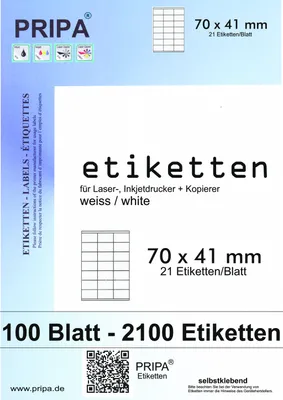 Produktbild von pripa 2100 Etiketten auf DIN A4 70 x 41 mm selbstklebend weiß - Allround Qualität 100 Blatt