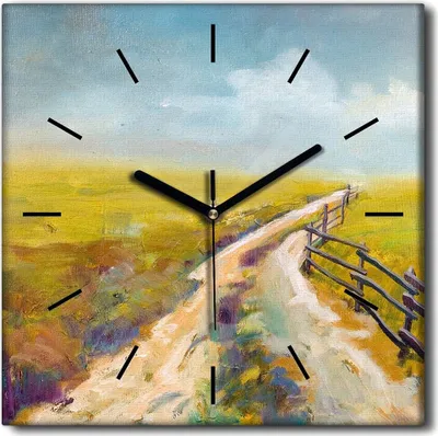 Produktbild von Coloray Uhr auf Leinwand 30x30 cm Wand Uhr Dekoration Wohnzimmer Segeltuch schwarze Hände -Wiese Landschaftsstraße