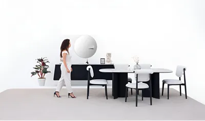 Immagine prodotto di Set da pranzo in bianco e nero tavolo da pranzo moderno sedie credenza in legno