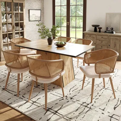 Image de Fortuna Lai 6 chaises de salle à manger, chaises de salle à manger avec dossier en rotin, coussins d'assise en cuir PU, confortables et respirants, style moderne et simple, adaptées aux restaurants, salons et cafés