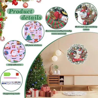DIY Weihnachtskranz Gemälde mit Diamanten - Weihnachtsdeko Set für Tür, Wand und Fenster - Hänger Set mit Aufklebern und