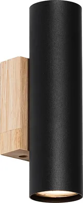 Produktbild von QAZQA - Moderne Wandleuchte schwarz mit Holz 2-flammig - Jeana I Wohnzimmer I Schlafzimmer I Up & Down - Stahl Zylinder - LED geeignet GU10