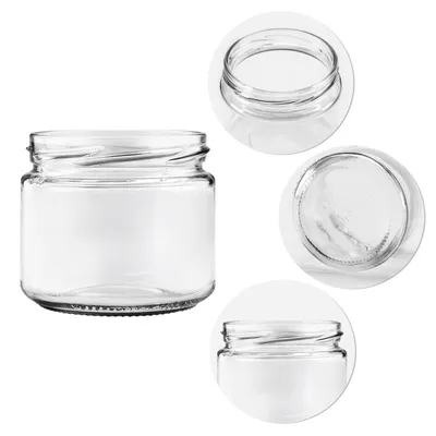 A set of clear glass jars with screw-top lids, presented from multiple angles.