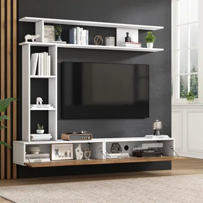 Produktbild von okwish Wohnwände TV Wohnzimmermöbel-Set aus einem TV-Ständer, einem vertikalen Präsentationsständer mit zwei offenen Trennwänden,stehend&hängend,Weiß+Holzfarbe