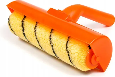A paint roller with an orange handle and a yellow roller with black stripes, set against a white background.