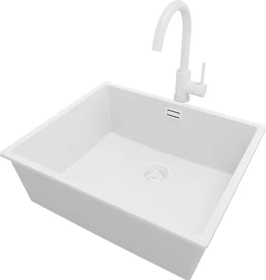 Produktbild von PRIMAGRAN Granitspüle Alles Weiß 56x47cm, Spülbecken 1 Becken + Küchenarmatur 32x20cm + Ablauf-Set, Küchenspüle ab 60er Unterschrank - London Slim