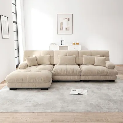 Produktbild von s Modulares Ecksofa - Übergroßes L-förmiges Cloud Couch für Wohnzimmer, Tiefes Schlafsofa mit Ottoman, Cord, Chenille Hellbraun