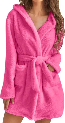 Produktbild von Winternachthemd für Damen, dicker Plüsch, warm, mit Kapuze, verstellbarer Schnürgürtel, einfarbig, gute Wasseraufnahme, Homewear, Spa-Hotel-Bademantel