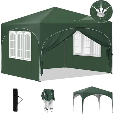 Produktbild von Pop-Up Faltpavillon wasserfest Winterfest, Pavillon 3x3 m faltbar, Grillpavillon stabil, Gartenpavillon mit Seitenwänden Fenstern Tasche, für Camping Strand Garten, Grün