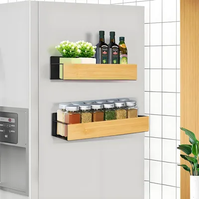 Produktbild von 2 magnetische Gewürzregale für den Kühlschrank, Holz, Bambus, schwarz