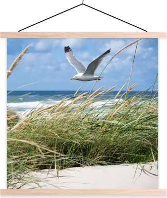 Produktbild von MuchoWow® Textilposter Strand - Pflanzen - Vogel 120x120 cm mit holzfarbenen Rahmen - Textil-Poster