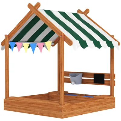 Produktbild von Sandkasten aus Holz mit Dach und Spielhaus | Farbe: Braun, Grün | Abmessungen: 116x124x146 cm