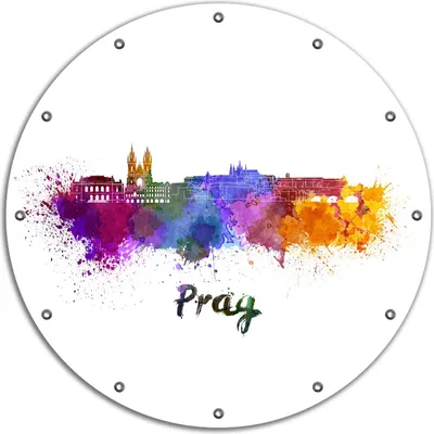 Produktbild von Wallario rundes Outdoor-Poster für Garten oder Balkon, Motiv Städte als Aquarell - Skyline von Prag, 90 cm Durchmesser