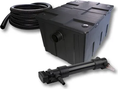 Immagine prodotto di Set completo SunSun: filtro per laghetti CBF-550 fino a 60000 L come filtro a flusso continuo, chiarificatore per laghetti CUV-636 con chiarificatore UVC da 36W, tubo per laghetti da 5 m da 25 mm (1")