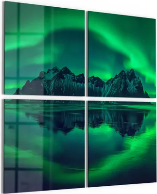 Produktbild von DEQORI Glasbild Echtglas 4x50x50 cm 'Vestrahorn im Polarlicht' Wandbilder XXL groß