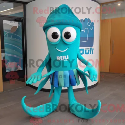 Produktbild von Teal REDBROKOLY Squid Maskottchen Kostüm Figur bekleidet mit einem Bermuda-Shorts und Fußkettchen