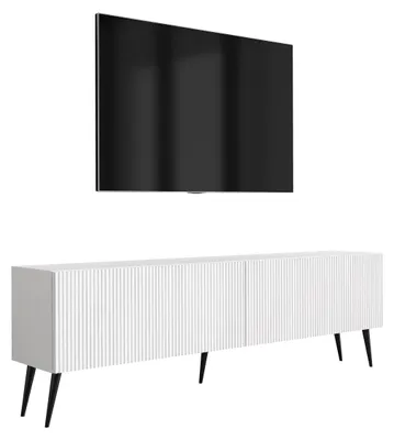 Zdjęcie produktu dla Szafka pod telewizor z żłobkowanymi frontami, matowa biel, czarne, skośne nóżki, 170 × 32 × 52 cm