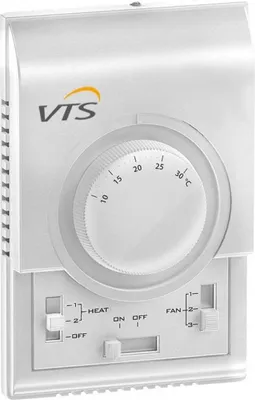 A white thermostat with a dial and switches.