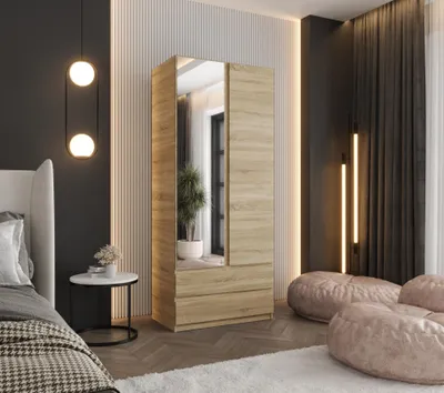 Produktbild von Kleiderschrank Sonoma Eiche 70 cm – Drehtürenschrank 190x70x48 cm – mit 1 Spiegel, Kleiderstange, Einlegeböden und 2 großen Schubladen – Schlafzimmers