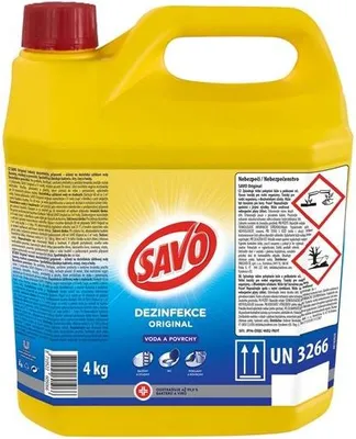 A yellow plastic jug of disinfectant liquid.